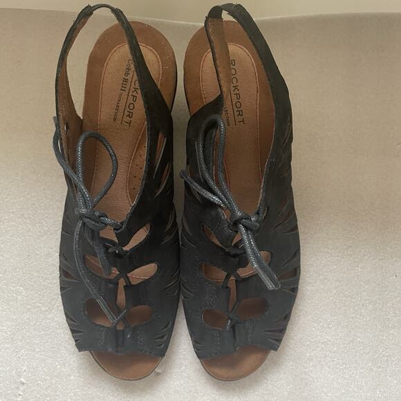 Rockport Gladiator Sandals Women 8 W Black Cobb Hill Leather Upper Suede Lace Up - Picture 3 of 10